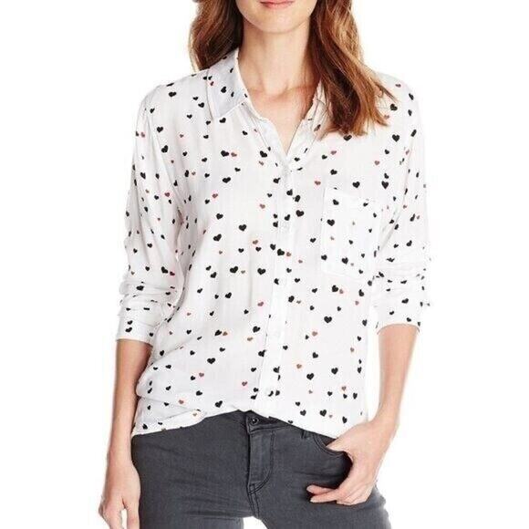 Rails Rosci Heart Print Button Down Collared Shirt S Girlie Romantic Soft Rayon - Picture 1 of 7